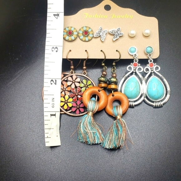 Boho turquoise bronze tassel pearl butterfly earring bundle set - Picture 3 of 4